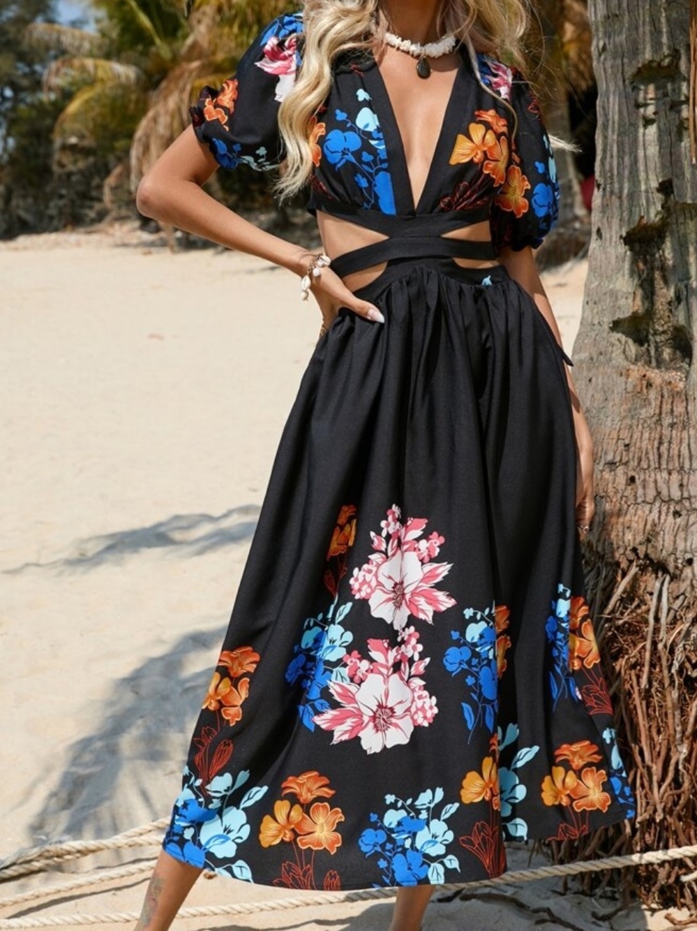 SHEIN Black Floral Cutout Midi Dress with Blue & Orange Accents